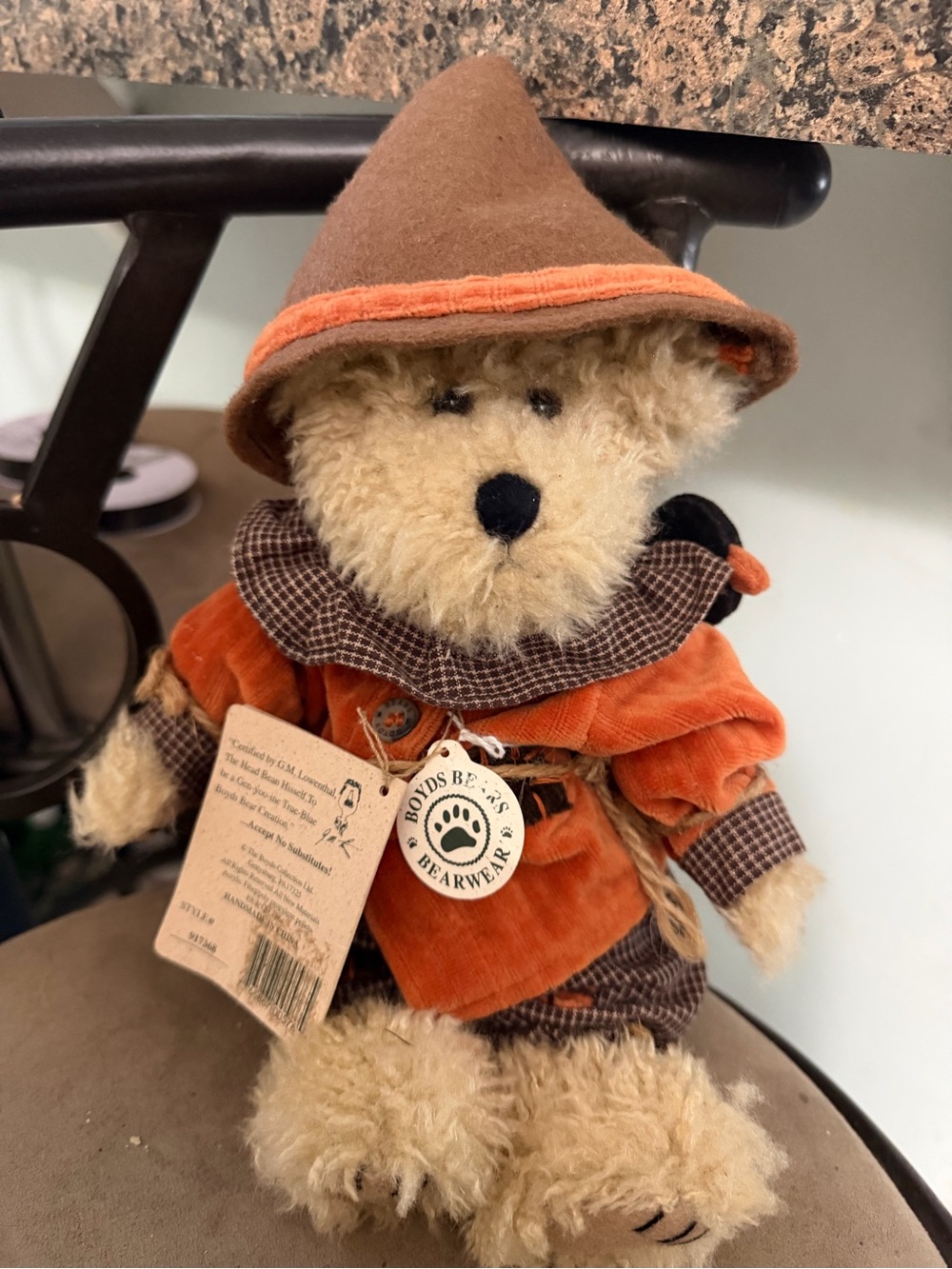 Boyds Bears Plush Teddy in Orange Corduroy Outfit with Brown Hat
